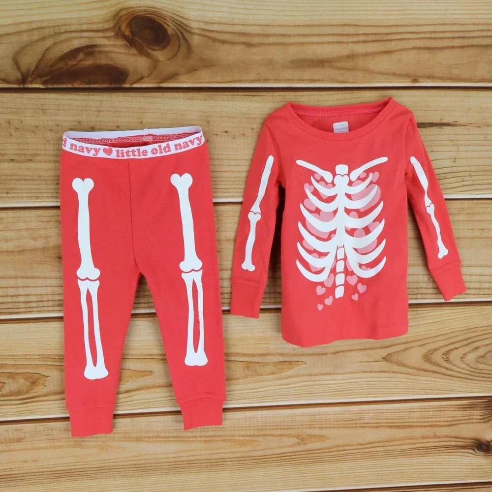 Old Navy Toddler Pajama‎ Set 18-24 Months Skeleton Bones Hearts 100% Cotton NWT